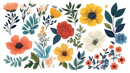 Collection of Beautifully Illustrated Floral Designs Showcasing Various Flowers and Leaves in Vibrant Colors