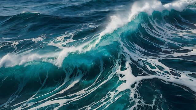  A landscape image of the raging blue tide waves flowing over the ocean, Blue nature background