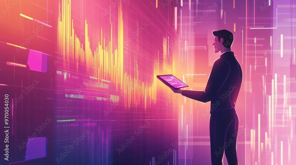 Poster a businessperson analyzing data on a digital display with a tablet