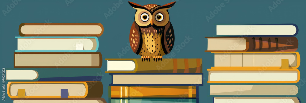 Poster an owl sits on a tower of vibrant books, creating a charming atmosphere perfect for reading and lear