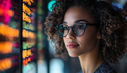 Businesswoman looking at stock market data on a screen, analyzing trends and making financial decisions.