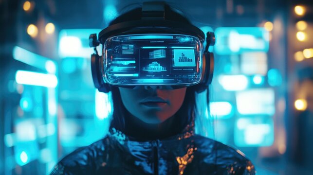 Person wearing VR headset with holographic products for Cyber Monday shopping experience