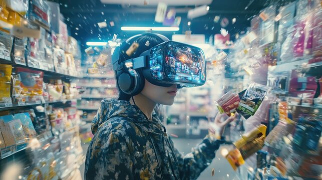 Person wearing VR headset with holographic products for Cyber Monday shopping experience