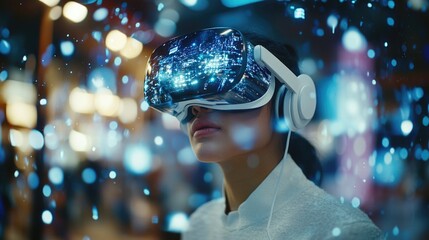 Person wearing VR headset with holographic products for Cyber Monday shopping experience