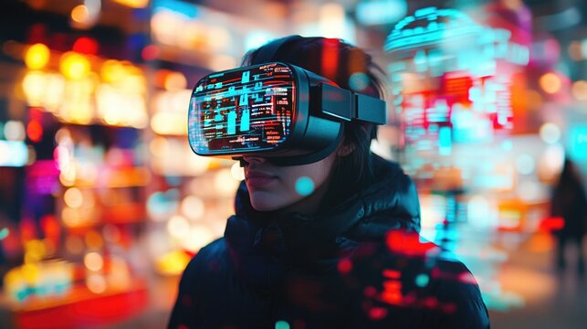 Person wearing VR headset with holographic products for Cyber Monday shopping experience