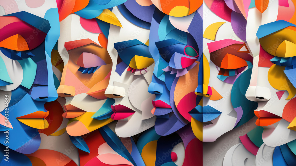 Poster an artistic display of paper cutouts forming diverse faces, highlighted by vivid colors and abstract