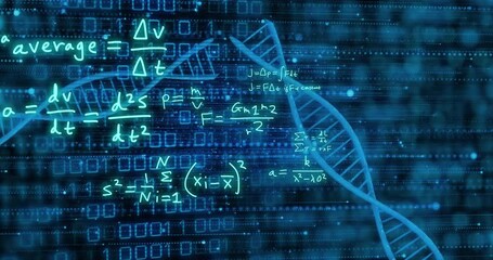 Animation of dna strand and scientific data processing over black background - Powered by Adobe