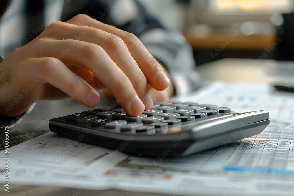 Poster focused calculation: a close-up of hands using a calculator amidst financial documents