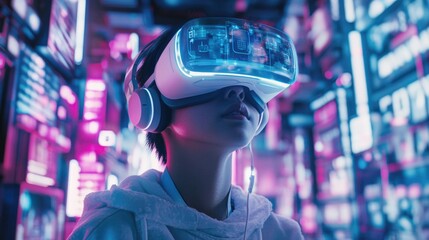 Person wearing VR headset with holographic products for Cyber Monday shopping experience