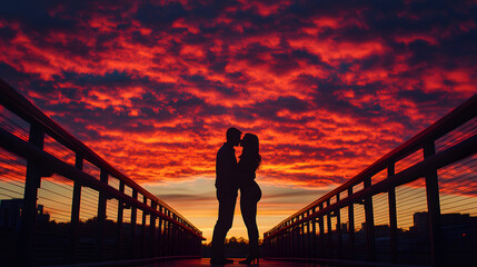 A couple sharing a kiss on a bridge at sunset with the sky ablaze with colors.