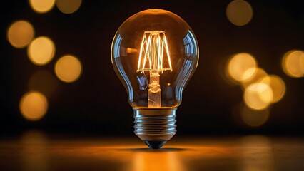 Fototapeta na wymiar Close up illustration of a light bulb on a dark floor with yellow electricity flowing inside it and blurry bokeh background