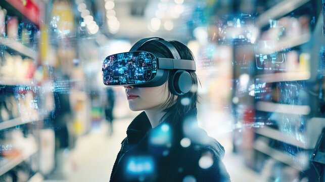 Person wearing VR headset with holographic products for Cyber Monday shopping experience