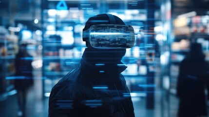Person wearing VR headset with holographic products for Cyber Monday shopping experience