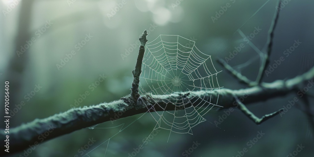 Poster close up of a twig adorned with a fragile spider web highlighting the intricate relationship between