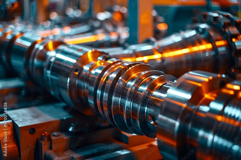 Poster intricate machinery: a close-up of precision engine components in a modern factory