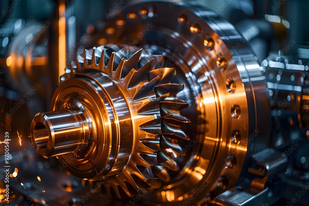 Aufkleber intricate close-up of a gleaming mechanical gear in a high-tech environment