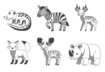 Cute animals half tone vector drawing, crocodile, Dear, Moose, Zebbra, Rino and Fox