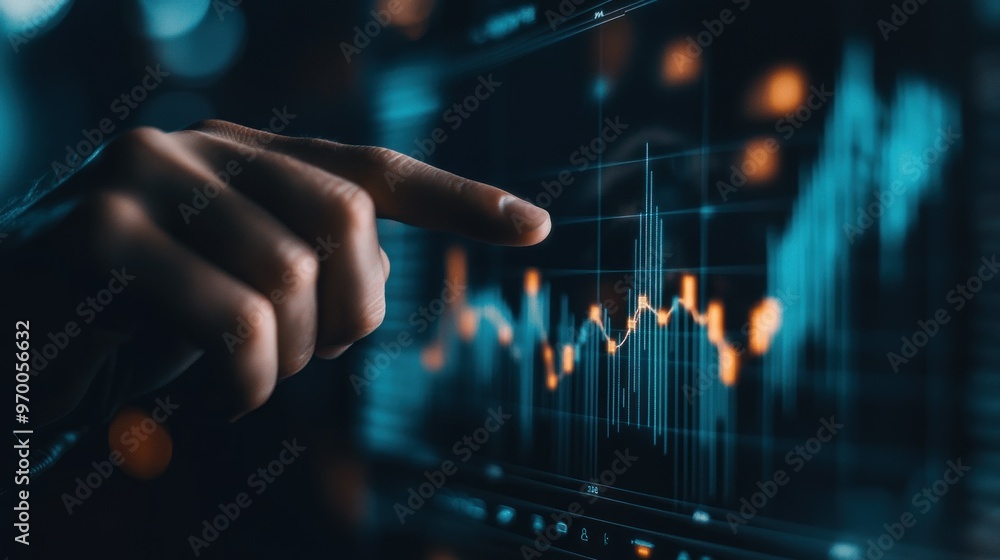 Poster hand interacting with a stock market chart on a computer screen