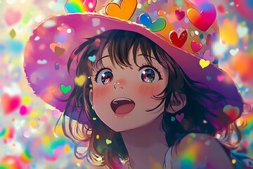 Anime girl with pink hat and colorful hearts. Happy and joyful anime character illustration.