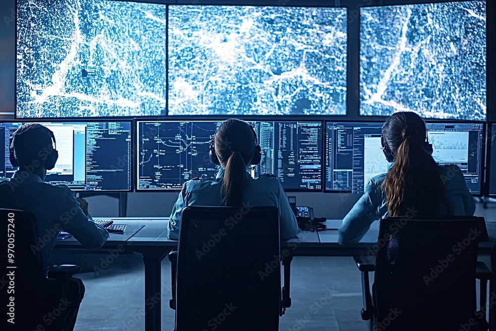 Aufkleber three government agents are working at their desks in a dark mission control room, analyzing data di