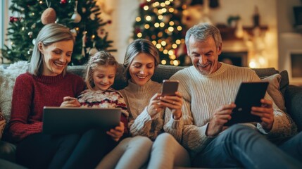 Family browsing Cyber Monday deals on laptops and phones, cozy home setting, cheerful mood