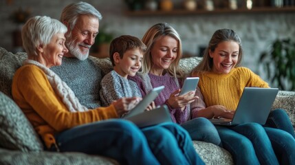 Fototapeta premium Family browsing Cyber Monday deals on laptops and phones, cozy home setting, cheerful mood