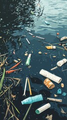 Plastic straws and utensils float in a river, highlighting the pollution harming fish and the water ecosystem
