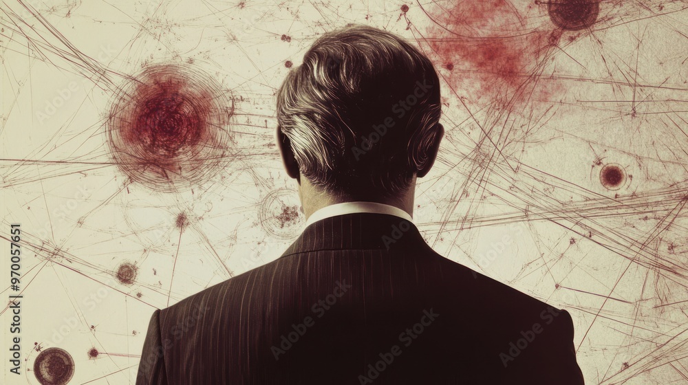 Wall mural Man in Suit Facing Abstract Pattern of Red Circles and Lines