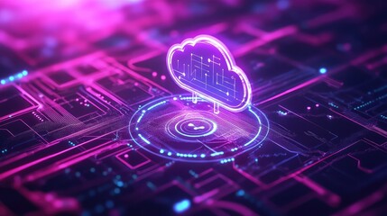 Obraz premium Futuristic Neon Cloud Computing Concept on Circuit Board with Glowing Blue and Purple Lines Highlighting Connectivity and Data Flow