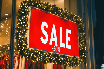 Red sale sign with 50 percent discount surrounded by Christmas lights and garland in a shop window display