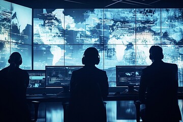 Three intelligence analysts are working in a dark room full of computer monitors showing data and maps. They are wearing headphones and analyzing big data