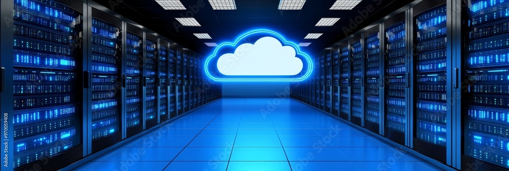 Poster blue cloud computing, big data storage, and server room technology in a futuristic data center