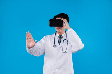 Doctor with stethoscope using VR headset pointing selection 3D hologram healthcare application against blue background with medical technology innovation poster banner materials design. Contrivance.