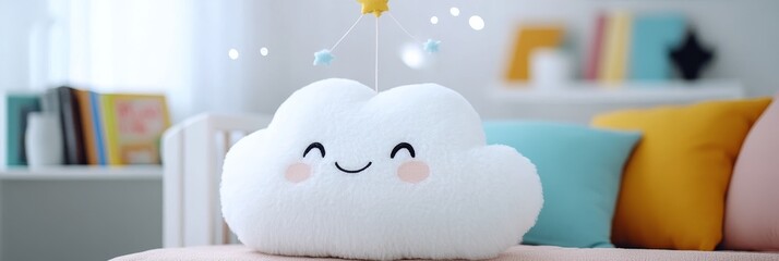 Smiling Cloud Cushion on a Bed with Pastel-Colored Linens and Decor in a Cozy Childrens Room