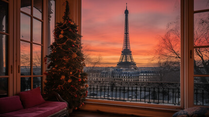 a Parisian apartment with a Christmas tree and  an Eiffel Tower view 