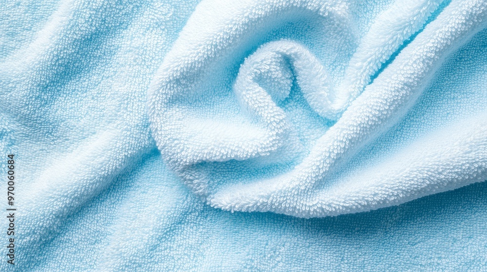 Poster soft blue towel neatly arranged on a light background, showcasing its texture and color with gentle 