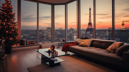 a chic Parisian apartment with a Christmas tree and  an Eiffel Tower view 