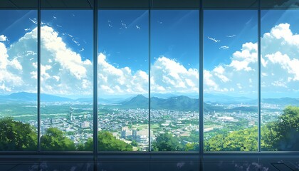 Naklejka premium Stunning City View Through Large Windows on Sunny Day
