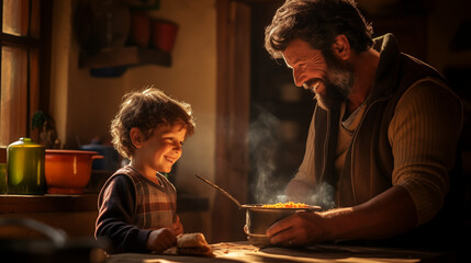 a boy and his dad cooking and smiling 