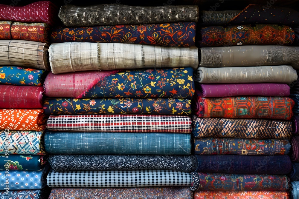 Aufkleber a colorful collection of folded fabrics showcasing diverse patterns and textures