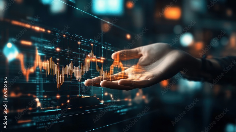 Poster hand interacting with digital data and a financial graph