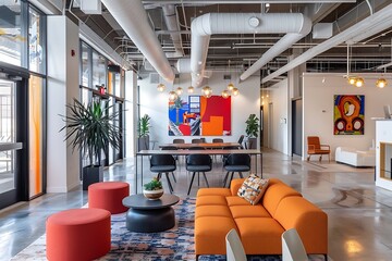 Unique co working space with modular furniture, bold colors, and dynamic artwork. 