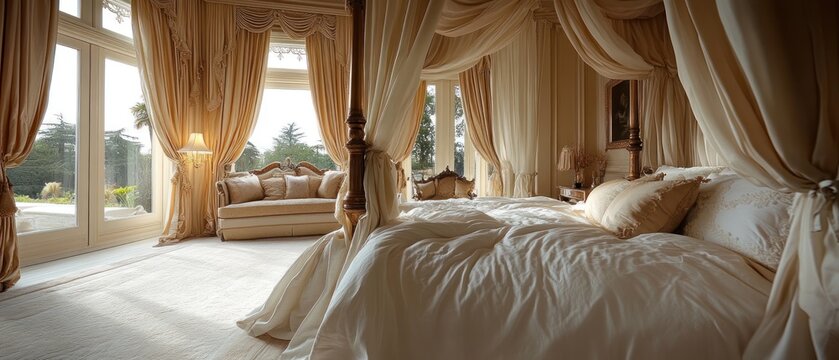 Luxurious bedroom with a four-poster canopy bed and a view of the garden.