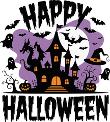 Halloween haunted house. Happy Halloween spooky print