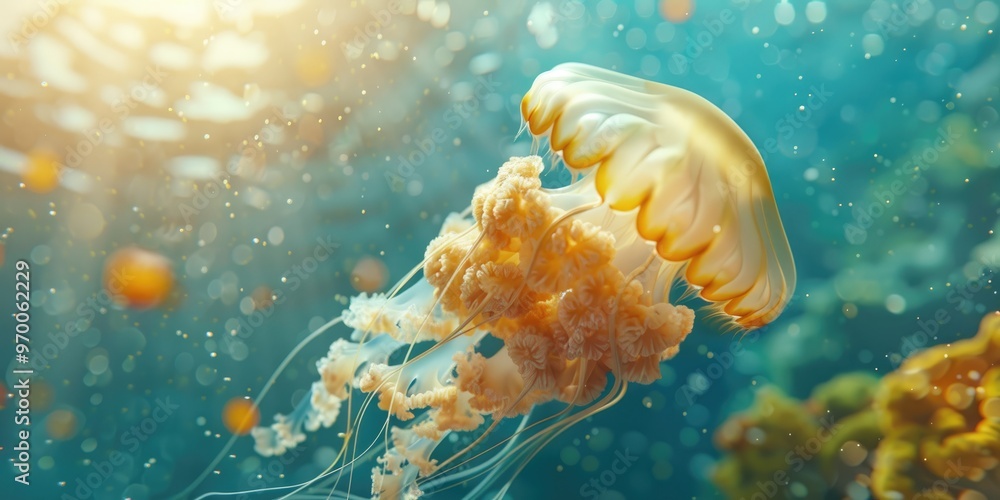 Sticker Vertical image of an adorable jellyfish gracefully gliding through the ocean