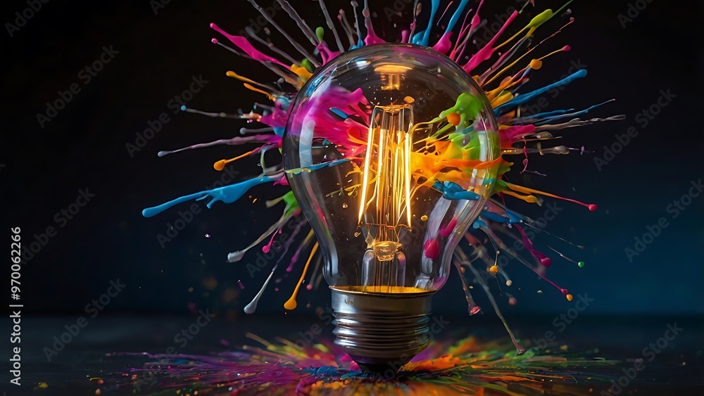 Poster creative abstract background of a light bulb on the ground with rainbow colors splashed on it and on