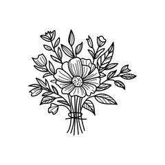 Vector black flowers bouquet, illustration outline image, botanical lines art flower, Minimalist contour drawing of flower. line drawing of flower botany.Hand drawn sketch of flower with leaves.