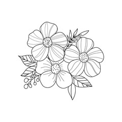 Vector black flowers bouquet, illustration outline image, botanical lines art flower, Minimalist contour drawing of flower. line drawing of flower botany.Hand drawn sketch of flower with leaves.