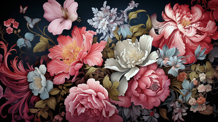 A painting of a flower garden with pink and white flowers