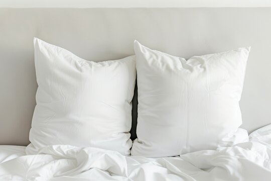 Two white pillows on white bedding, set against a neutral headboard for a clean and modern bedroom desian